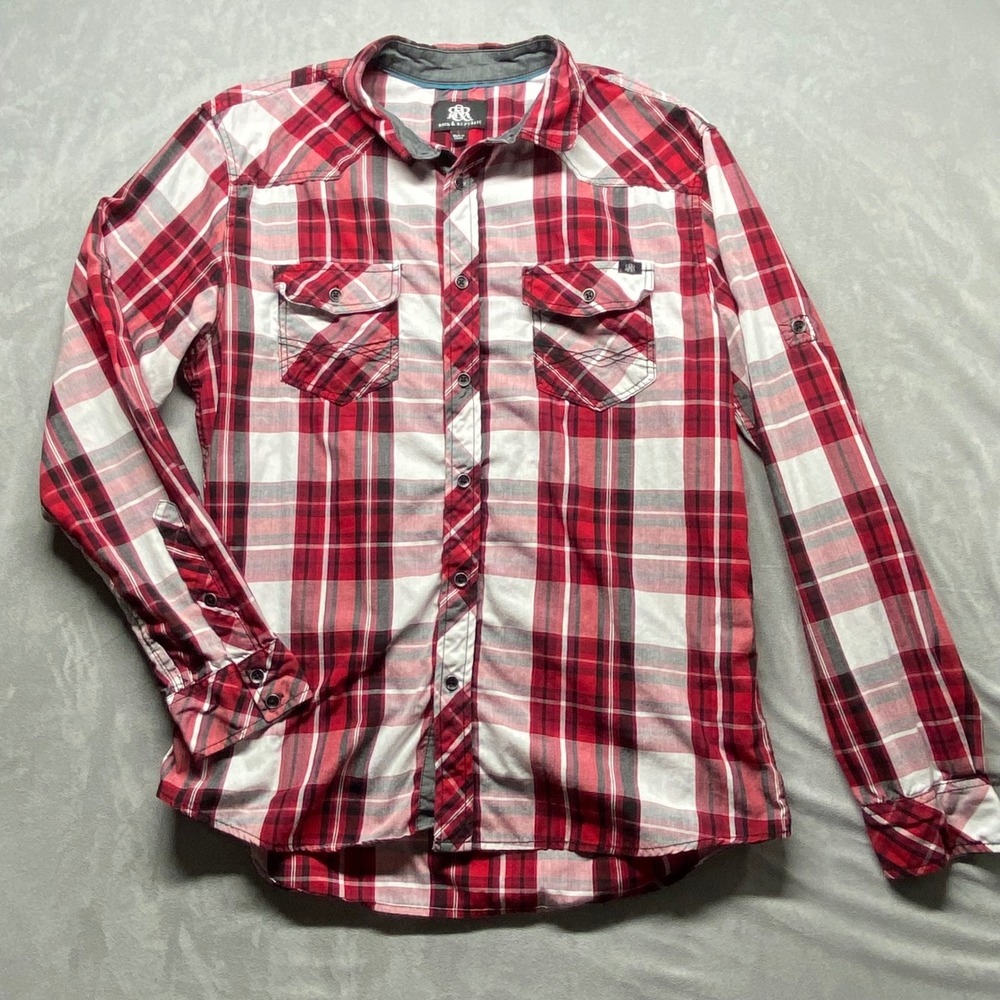 Rock & Republic Mens Red White Black‎ Plaid Long Sleeve Button Up Shirt Size L